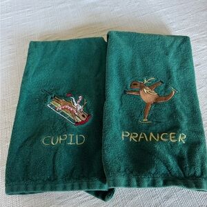 Green Holiday Hand Towels with Reindeer Embroidery